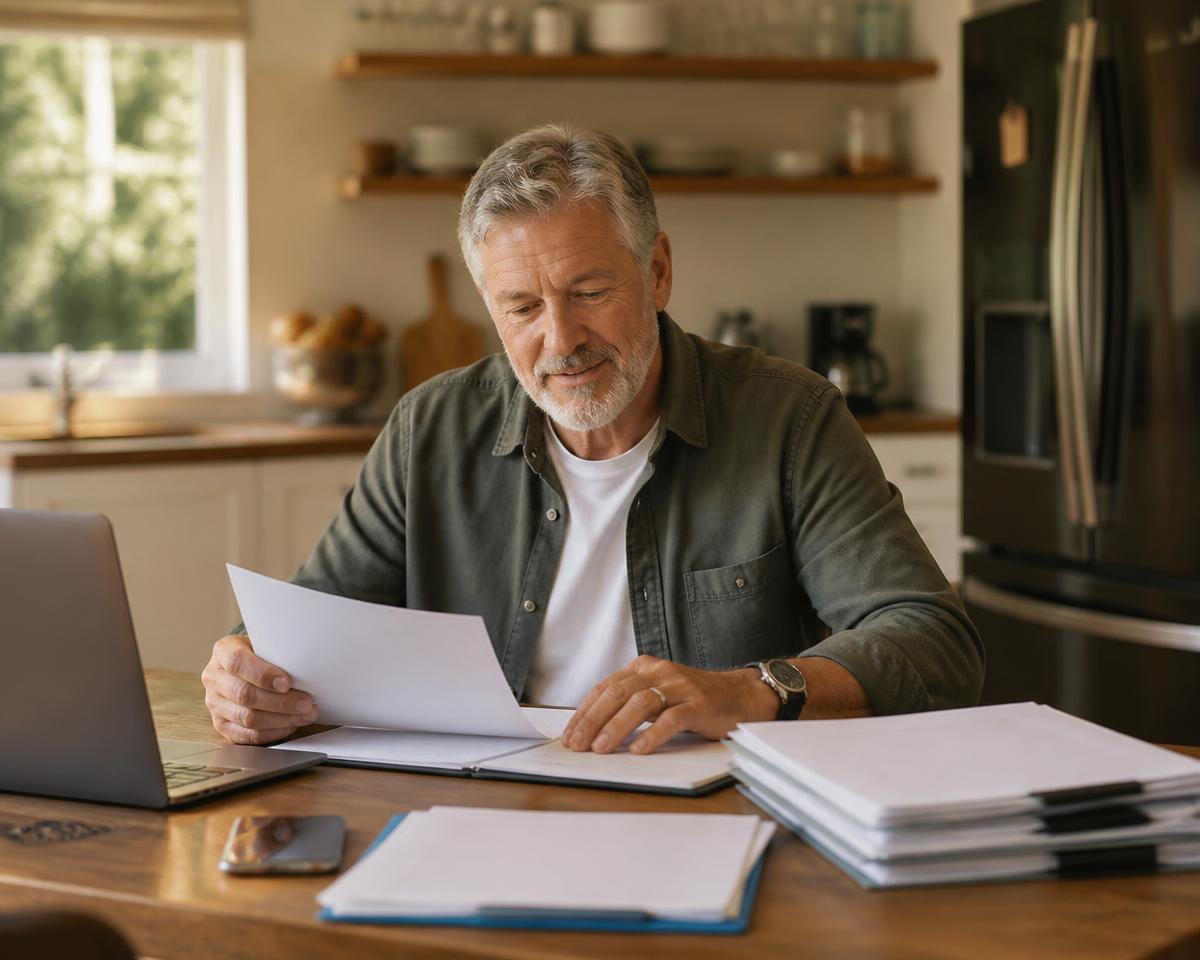 Une personne organise ses documents administratifs à son domicile